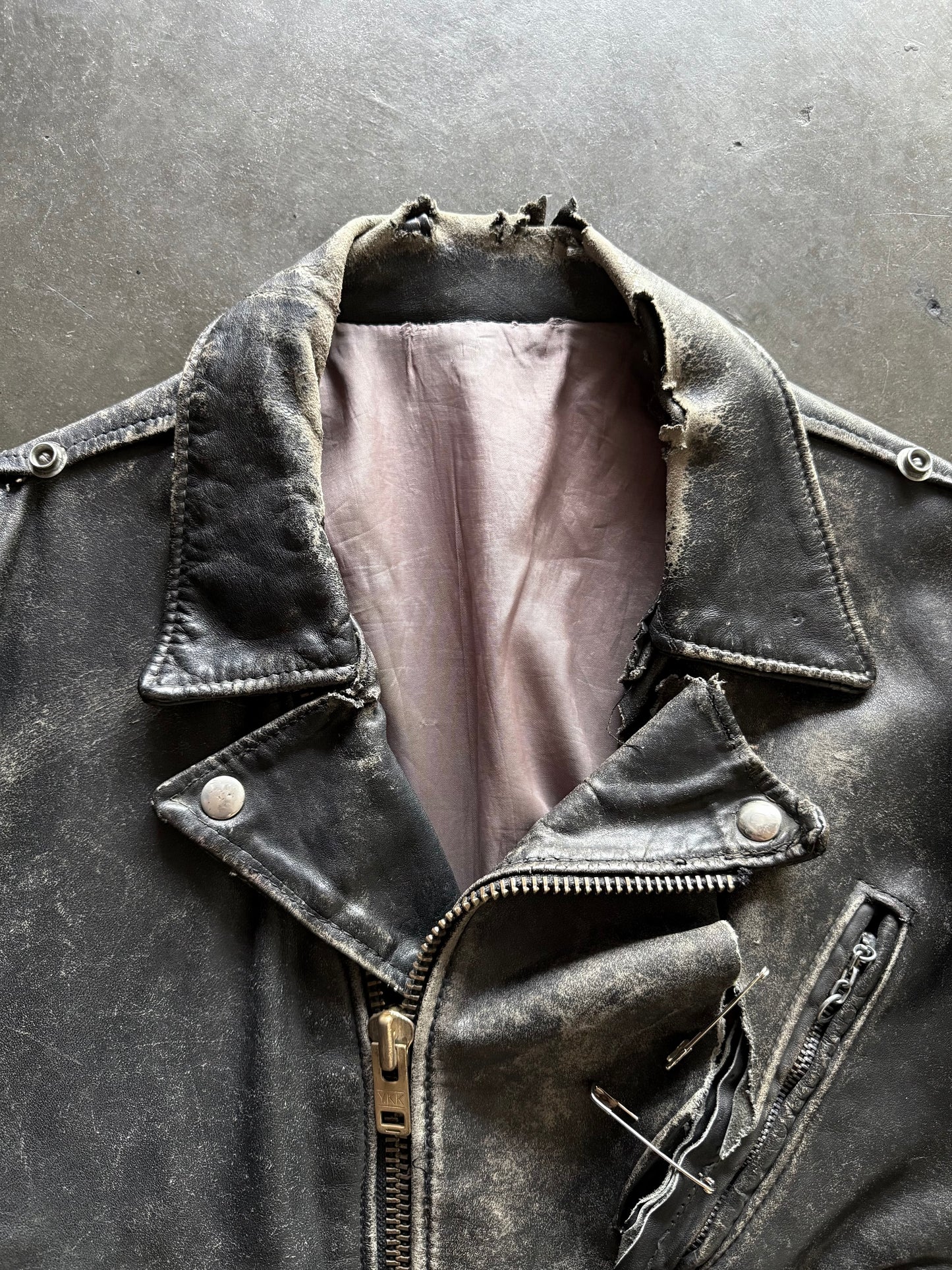 50’s Thrashed Safety Pin Biker Leather Jacket